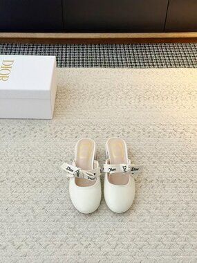 Dior White Logo Bow Mules Block Heel Slip‑On Pumps